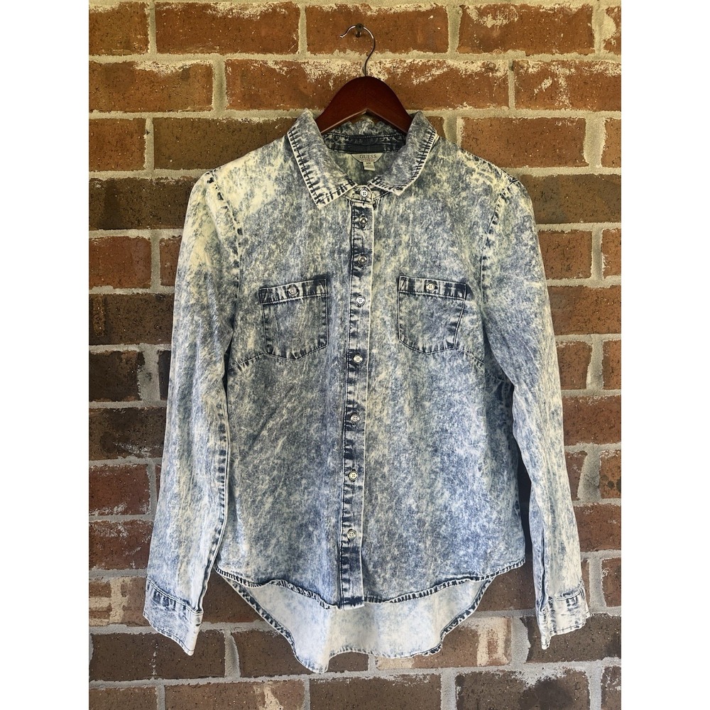 Vintage Guess Acid Wash 80s/90s Silver Button Down %100 Cotton M Womens